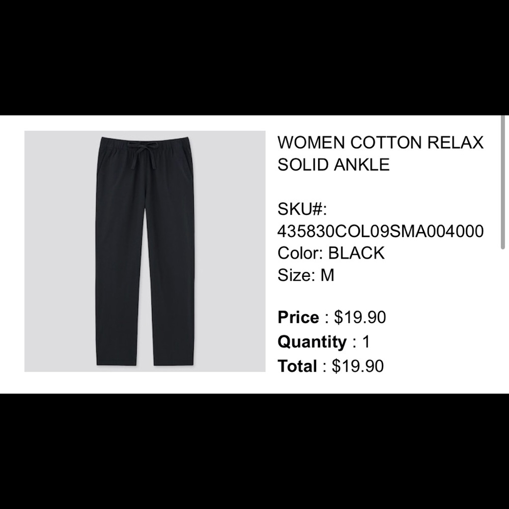 NWOT Uniqlo black cotton pants size medium